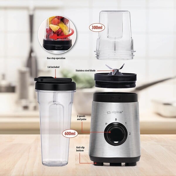 ALPINA - Mixeur Blender smoothie 300W 2 Vitesses + Turbo 4 Lames acier Inox 2 Gobelets 300-600 ml ALPINA - large