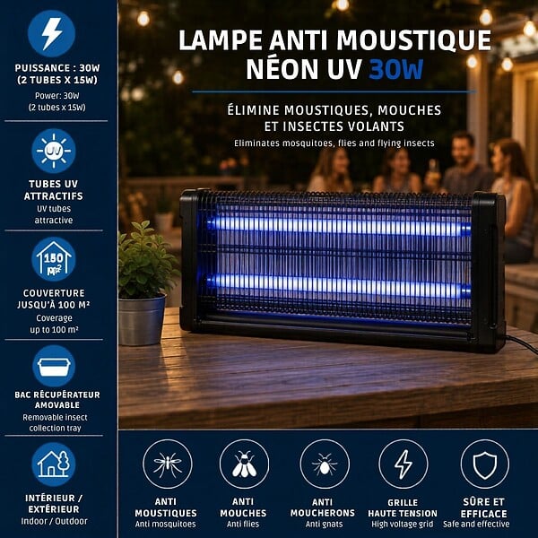 INTEC - Lampe Anti Moustique Néon UV 30W Intérieur/Extérieur Piège à Insectes 100m² Grille Haute Tension Anti Mouches Insectes volants - large