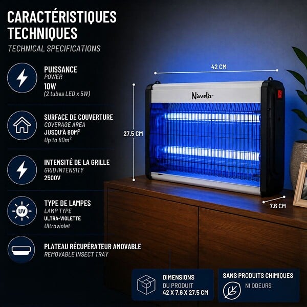 INTEC - Lampe Anti Moustique Intérieur Extérieur 2500V Technologie LED 10W Surface 80m² Elimine Mouches Moucherons & Insectes volants - large