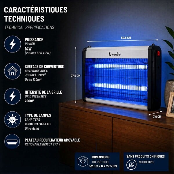 INTEC - Lampe Anti Moustique Intérieur Extérieur 2500V Technologie LED 14W Surface 120m² Elimine Mouches Moucherons & Insectes volants - large
