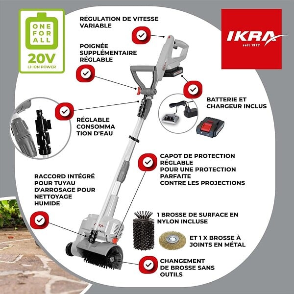 IKRA - Nettoyeur de Terrasse sans fil Batterie 20V 2.0Ah Double brosses rotatives + Batterie & Chargeur Raccord tuyau d'eau IKRA - large