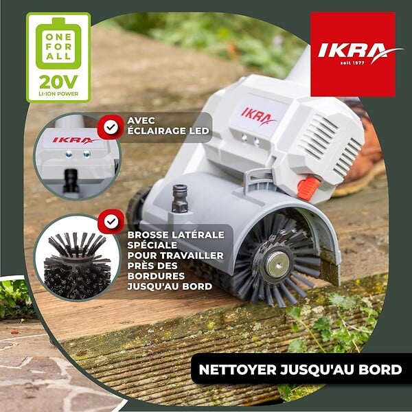 IKRA - Nettoyeur de Terrasse sans fil Batterie 20V 2.0Ah Double brosses rotatives + Batterie & Chargeur Raccord tuyau d'eau IKRA - large