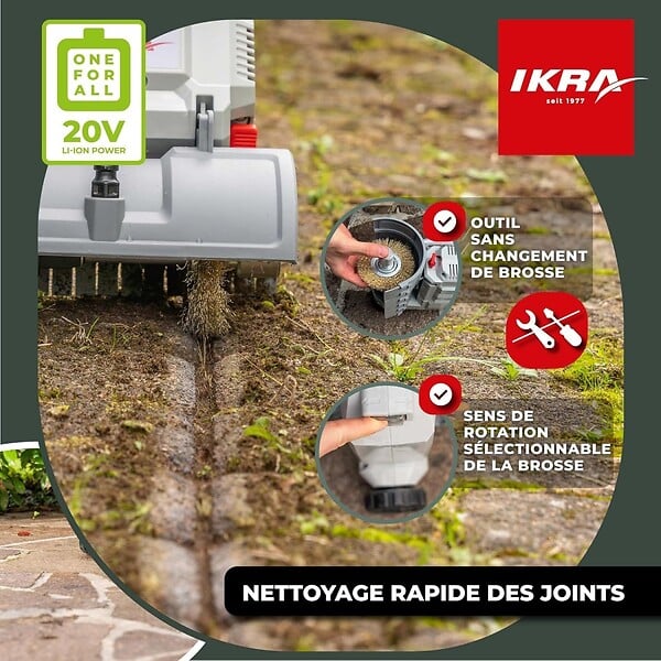 IKRA - Nettoyeur de Terrasse sans fil Batterie 20V 2.0Ah Double brosses rotatives + Batterie & Chargeur Raccord tuyau d'eau IKRA - large