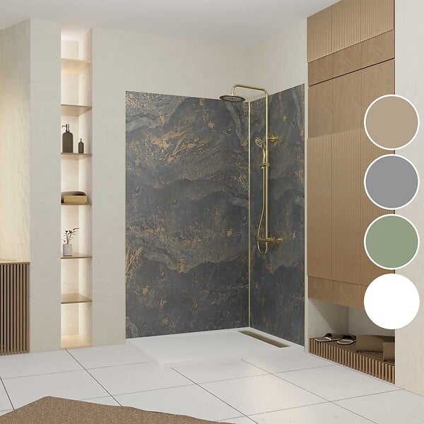 AURLANE - Pack 2 Panneaux Muraux en Pierre Venus 120+90x210 cm + Profilés Or Doré Brossé - large