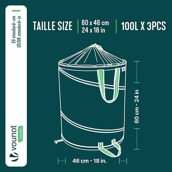 VOUNOT - Lot de 3 Sac de Jardin Pop up 100L en Polyéthylène avec Poignées - large