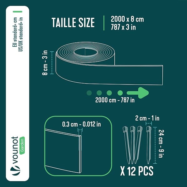 VOUNOT - Bordure de jardin PE flexible 20M x 8 CM avec piquets gris - large