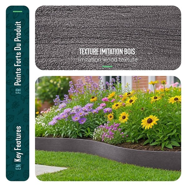 VOUNOT - Bordure de jardin PE flexible 20M x 8 CM avec piquets gris - large