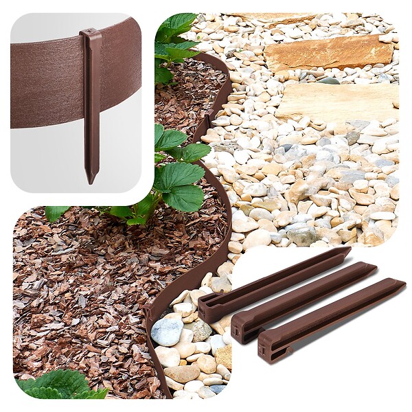 VOUNOT - Bordure de jardin PE haute flexible 20M avec piquets marron - large