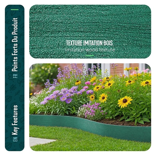 VOUNOT - Bordure de jardin PE flexible 20M x 8 CM avec piquets vert - large