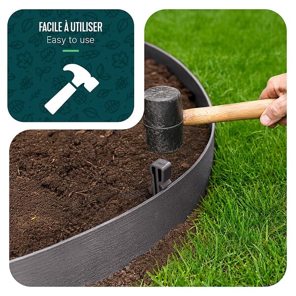 VOUNOT - Bordure de jardin PE haute flexible 20M avec piquets gris - large