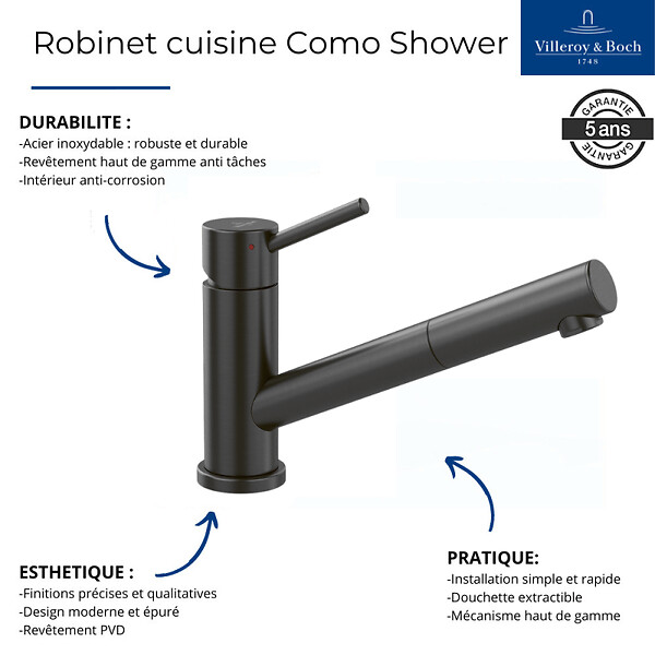 VILLEROY ET BOCH - Robinet cuisine rabattable  Como Shower window Anthracite + nettoyant - large