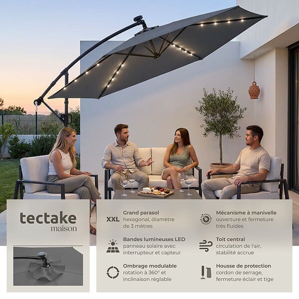 TECTAKE - parasol déporté à LED pivotant 360° en polyester solaire UV 50+ gris 3x3 m - large