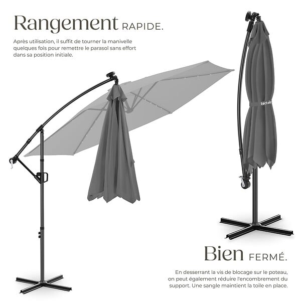 TECTAKE - parasol déporté à LED pivotant 360° en polyester solaire UV 50+ gris 3x3 m - large