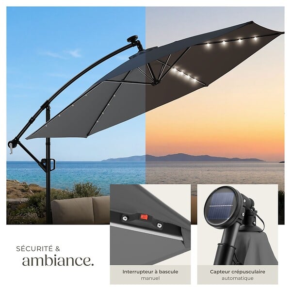 TECTAKE - parasol déporté à LED pivotant 360° en polyester solaire UV 50+ gris 3x3 m - large
