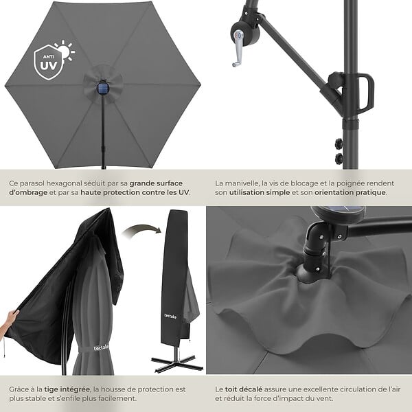 TECTAKE - parasol déporté à LED pivotant 360° en polyester solaire UV 50+ gris 3x3 m - large