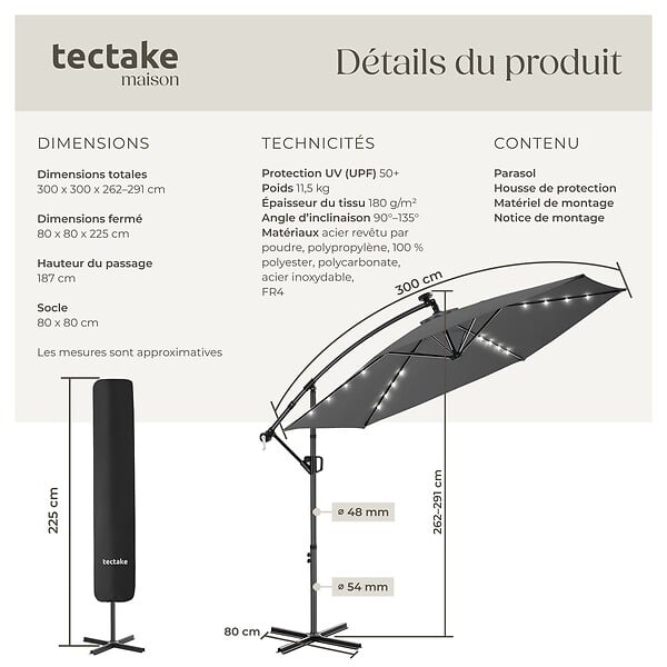 TECTAKE - parasol déporté à LED pivotant 360° en polyester solaire UV 50+ gris 3x3 m - large