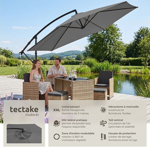 TECTAKE - Parasol à pied central pivotant 360 degrés inclinable gris double toit en polyester 3x3 m - large