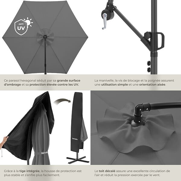 TECTAKE - Parasol à pied central pivotant 360 degrés inclinable gris double toit en polyester 3x3 m - large