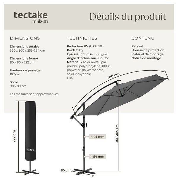 TECTAKE - Parasol à pied central pivotant 360 degrés inclinable gris double toit en polyester 3x3 m - large