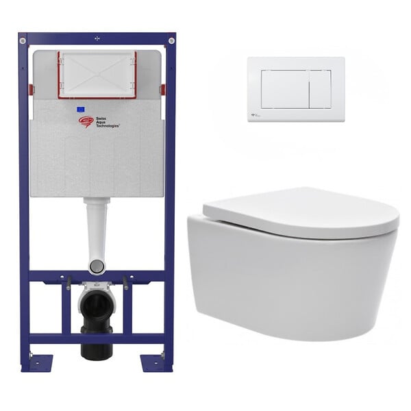 SWISS AQUA TECHNOLOGIES - Pack WC bâti-autoportant + WC SAT sans bride fixations invisibles + Abattant softclose + Plaque blanche (SMART-SATrimless-M270) - large
