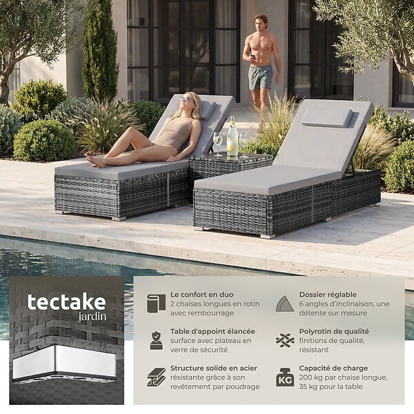 TECTAKE - chaise longue double en rotin polyrotin gris avec table et dossier réglable - large