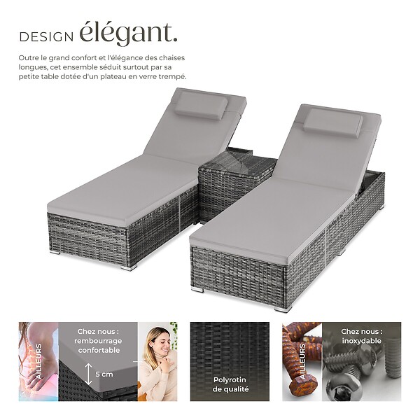 TECTAKE - chaise longue double en rotin polyrotin gris avec table et dossier réglable - large