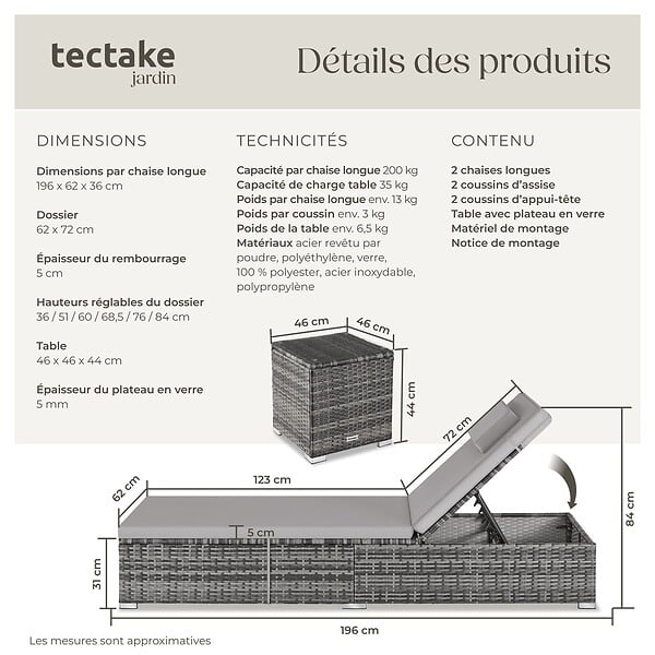 TECTAKE - chaise longue double en rotin polyrotin gris avec table et dossier réglable - large