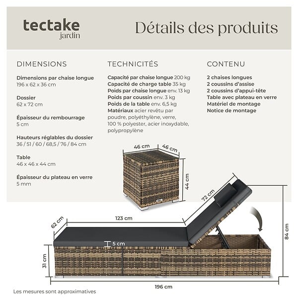 TECTAKE - Chaise longue double rotin naturel extérieur dossier réglable avec table et verre - large