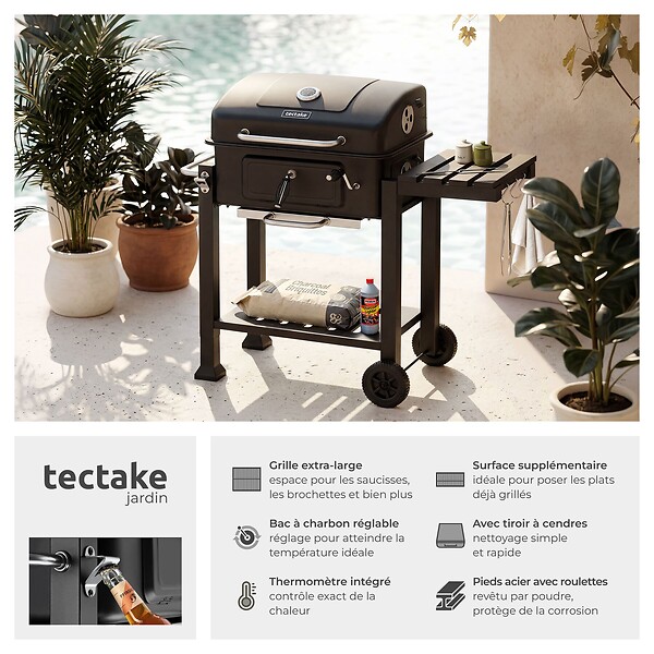 TECTAKE - barbecue charbon de bois noir avec bac réglable grille en acier chromé 110x64x104 cm - large