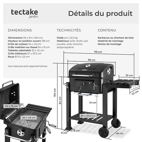 TECTAKE - barbecue charbon de bois noir avec bac réglable grille en acier chromé 110x64x104 cm - large