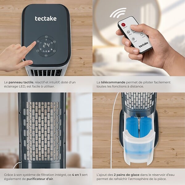TECTAKE - Air cooler mobile 4 en 1 en abs gris anthracite 23 x 29 x 86,5 cm 5 l réservoir d eau 3 modes 3 vitesses - large