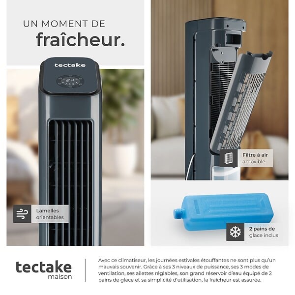 TECTAKE - Air cooler mobile 4 en 1 en abs gris anthracite 23 x 29 x 86,5 cm 5 l réservoir d eau 3 modes 3 vitesses - large