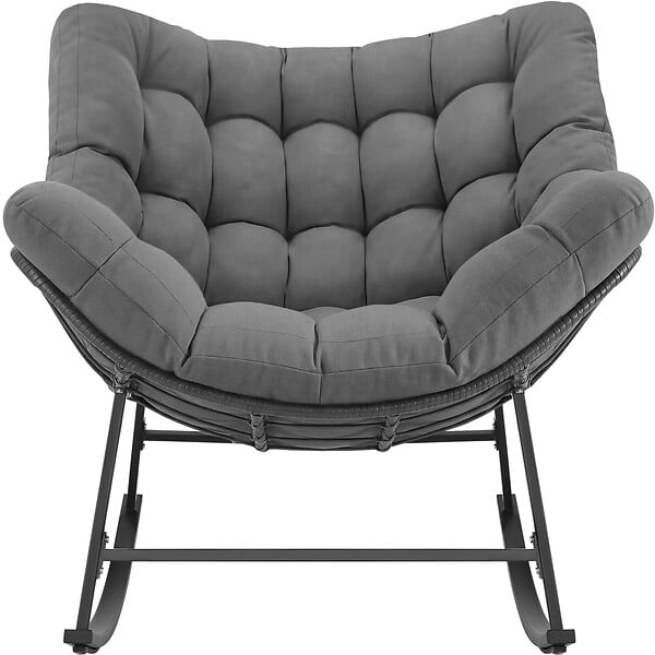 TECTAKE - Fauteuil à bascule rembourré avec motif matelassé gris anthracite en acier thermolaqué rotin robuste élégant - large