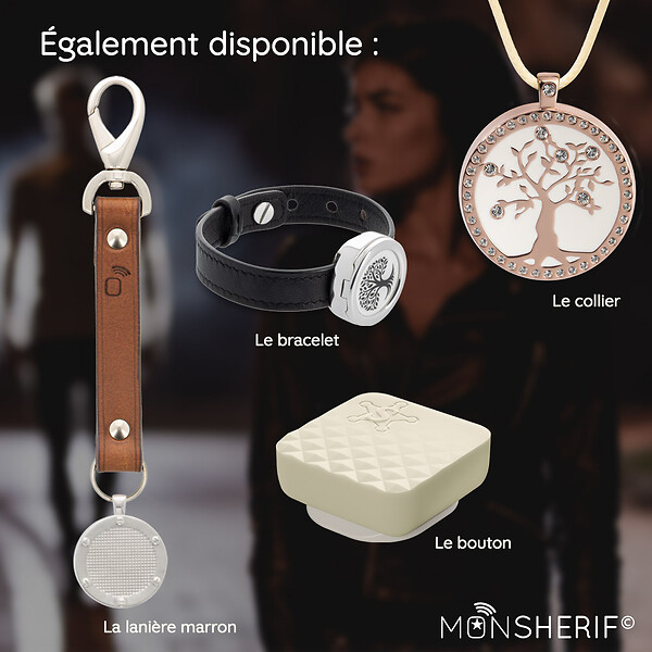MONSHERIF - Bouton d'alerte MONSHERIF + médaillon argenté avec lanière noire : l'élégance au service de la sécurité avec un bouton d'alerte connecté discret - Application gratuite - Sans abonnement - large