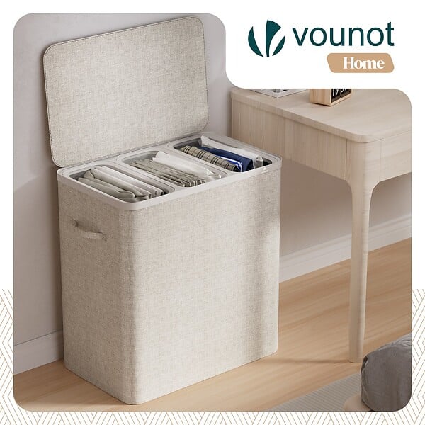 VOUNOT - Panier a linge 3 compartiments et sacs amovibles auto ajustant avec couvercle 170L Beige - large