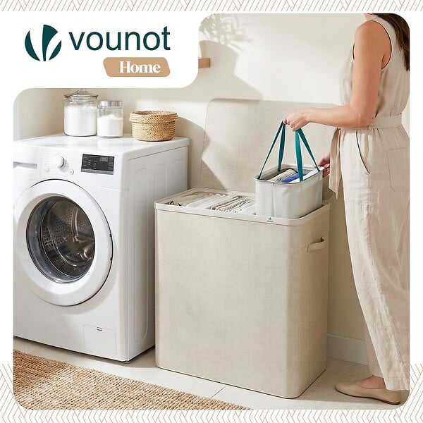 VOUNOT - Panier a linge 3 compartiments et sacs amovibles auto ajustant avec couvercle 170L Beige - large