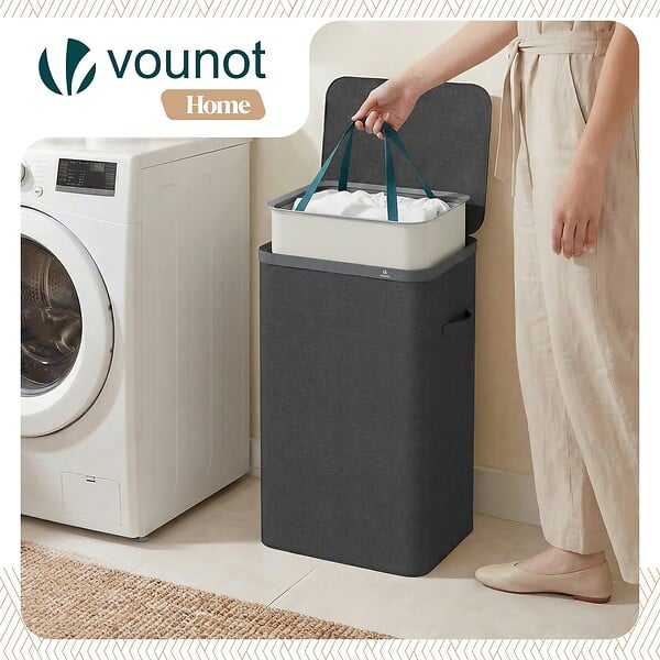 VOUNOT - Panier a linge 1 compartiment et sac amovible auto ajustant avec couvercle 90L Anthracite - large