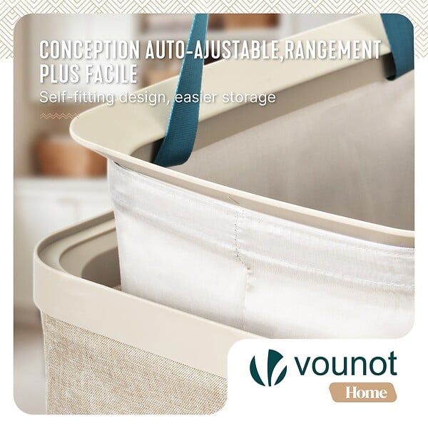 VOUNOT - Panier a linge 1 compartiment et sac amovible auto ajustant avec couvercle 90L Beige - large