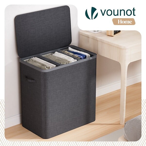 VOUNOT - Panier a linge 3 compartiments et sacs amovibles auto ajustant avec couvercle 170L Anthracite - large