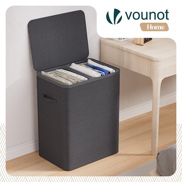 VOUNOT - Panier a linge 2 compartiments et sacs amovibles auto ajustant avec couvercle 150L Anthracite - large