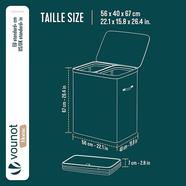 VOUNOT - Panier a linge 2 compartiments et sacs amovibles auto ajustant avec couvercle 150L Anthracite - large