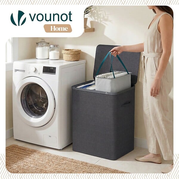 VOUNOT - Panier a linge 2 compartiments et sacs amovibles auto ajustant avec couvercle 150L Anthracite - large