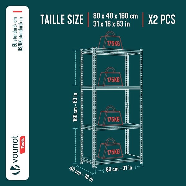 VOUNOT - Lot de 2 Etagères de rangement charge lourde robuste à 4 niveaux 80x40x160cm - large