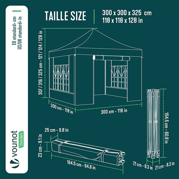 VOUNOT - Tonnelle de jardin renforcée 3x3m pliable Barnum avec 4 parois latérales et fenêtres bleu - large