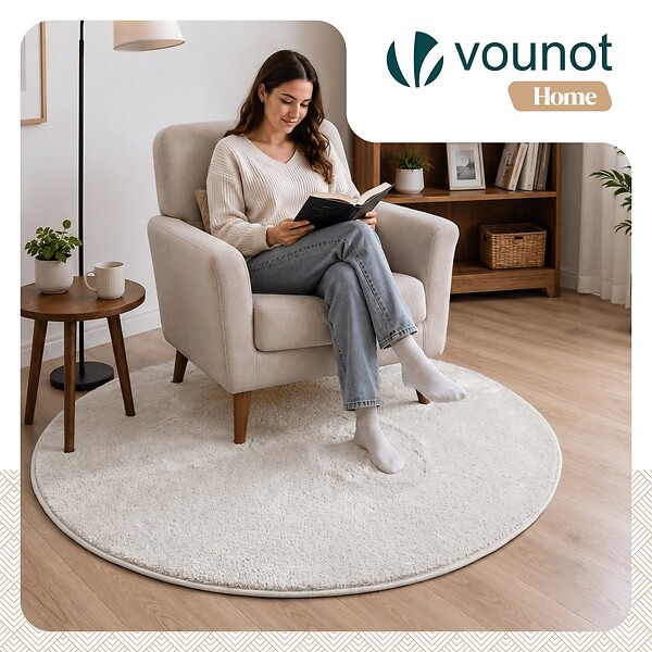 VOUNOT - Tapis de salon poils ras doux antiderapant ф120cm uni crème - large