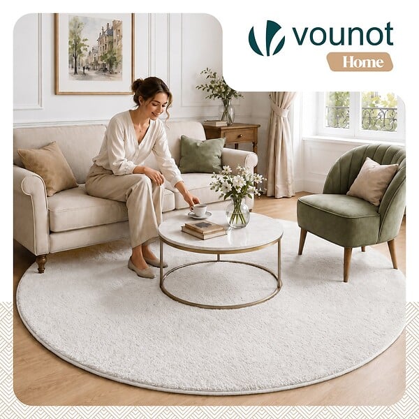 VOUNOT - Tapis de salon poils ras doux antiderapant ф200cm uni crème - large