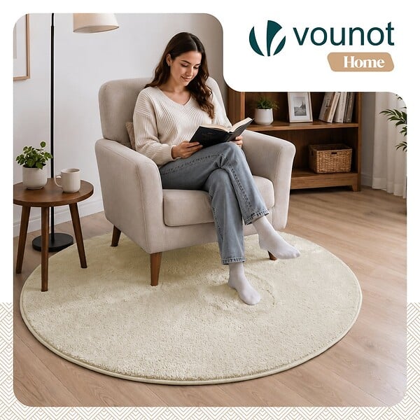 VOUNOT - Tapis de salon poils ras doux antiderapant ф120cm uni beige - large