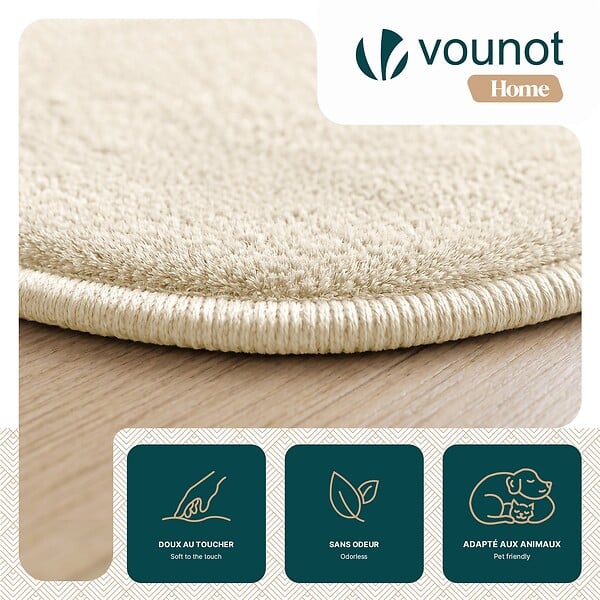VOUNOT - Tapis de salon poils ras doux antiderapant ф120cm uni beige - large