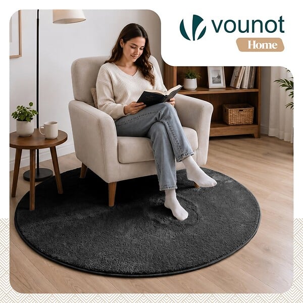 VOUNOT - Tapis de salon poils ras doux antiderapant ф120cm uni anthracite - large