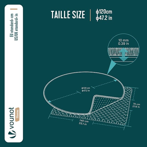 VOUNOT - Tapis de salon poils ras doux antiderapant ф120cm uni anthracite - large
